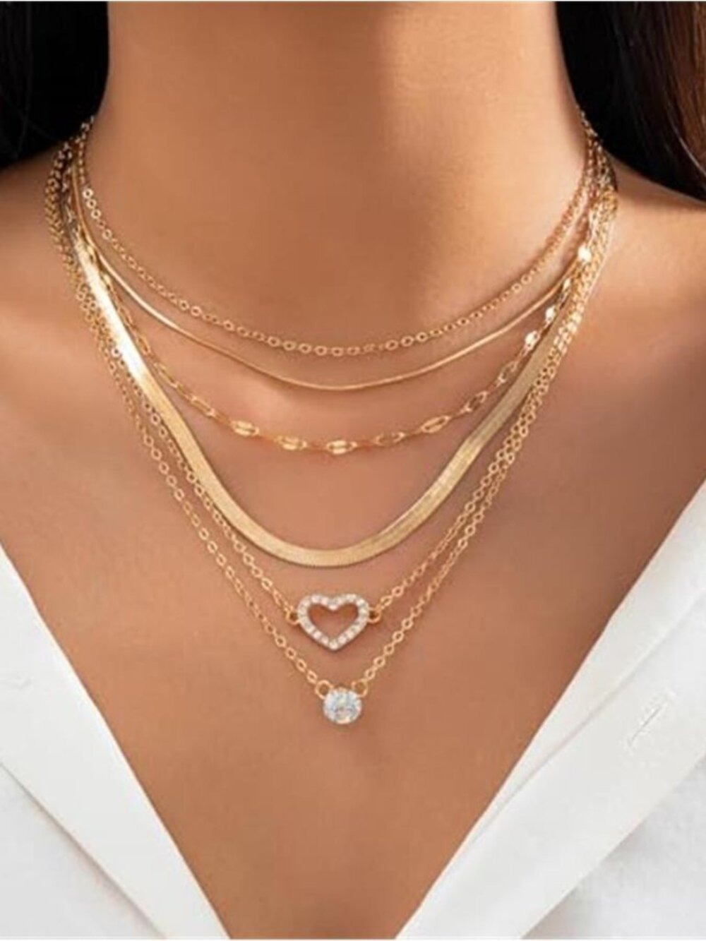 Gold Tone Layered Heart Necklace Rhinestone Snake Chain Stack Set Women